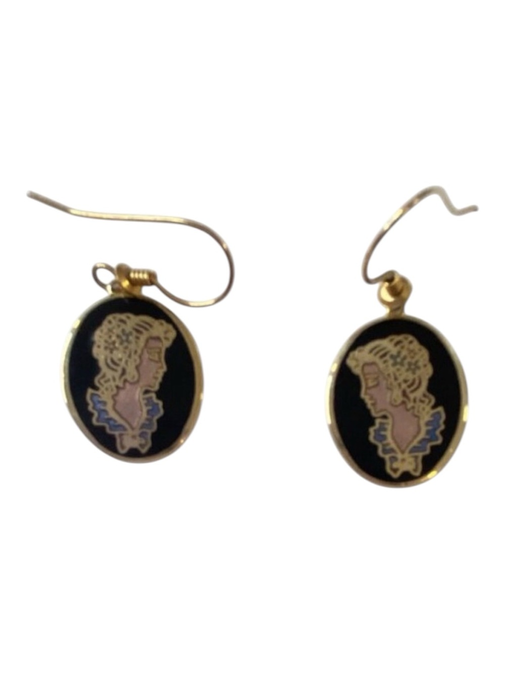 "Norwegian Cameo" Rococo Enamel Oval Drop Earrings With Gold-Tone Finish